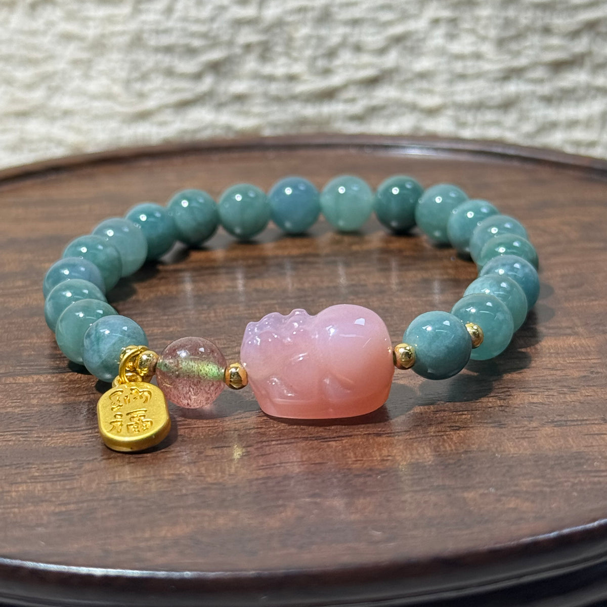 Natural Blue‑Green Jadeite Stretch Bracelet, Carved Pink Pixiu Charm Round Bead Bracelet