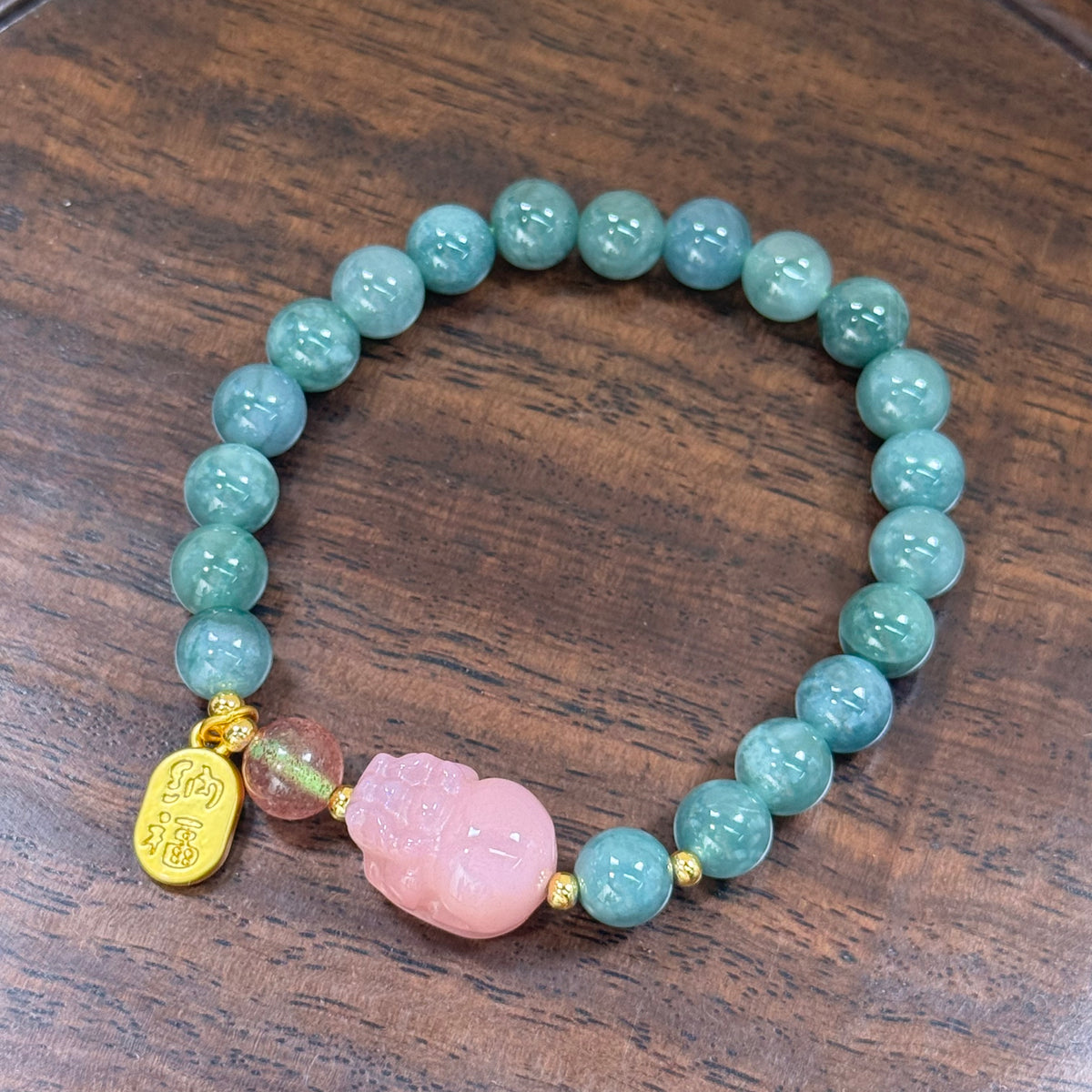 Natural Blue‑Green Jadeite Stretch Bracelet, Carved Pink Pixiu Charm Round Bead Bracelet