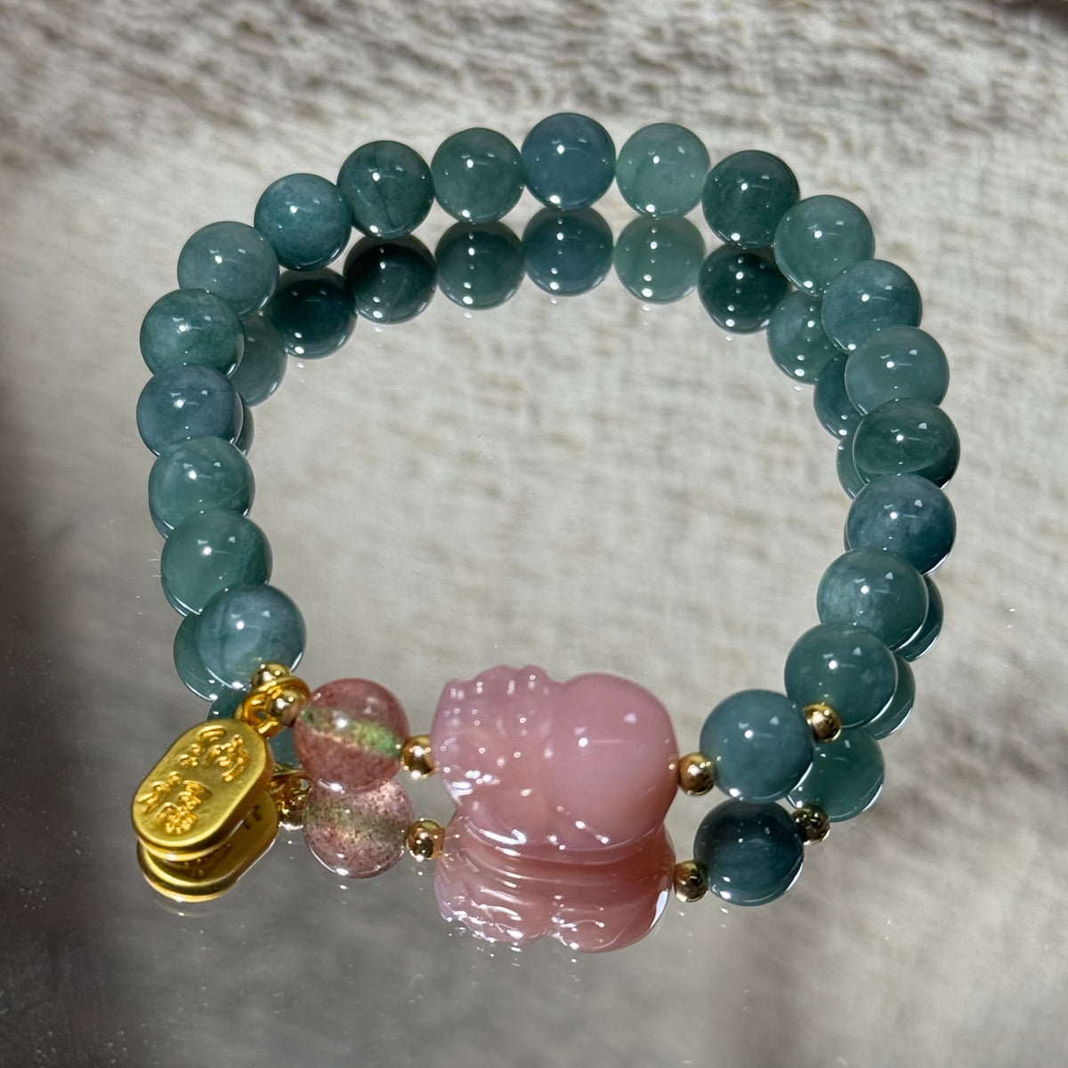 Natural Blue‑Green Jadeite Stretch Bracelet, Carved Pink Pixiu Charm Round Bead Bracelet