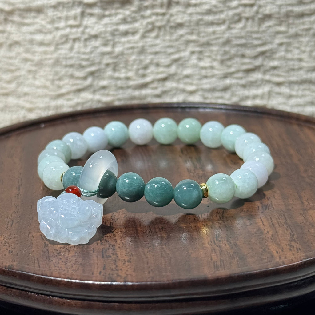 Natural Jadeite Stretch Bracelet, Carved Lotus Flower Charm Gradient Green Bead Bracelet