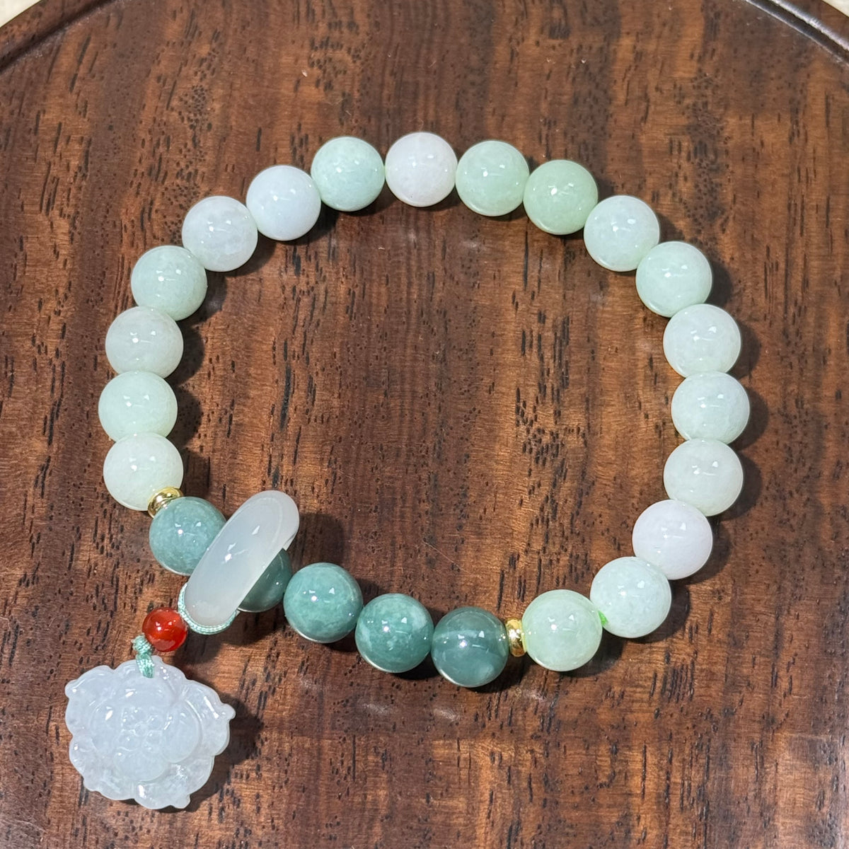 Natural Jadeite Stretch Bracelet, Carved Lotus Flower Charm Gradient Green Bead Bracelet