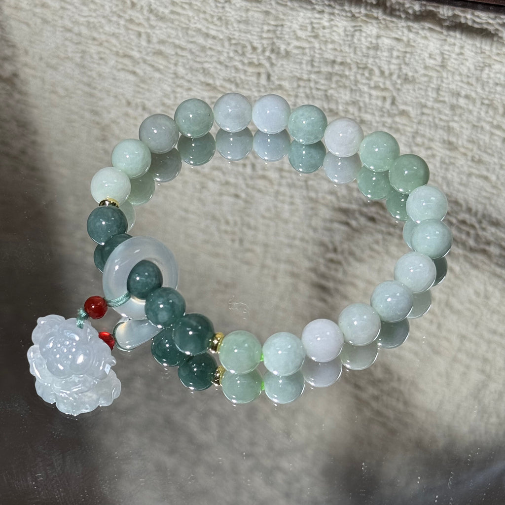 Natural Jadeite Stretch Bracelet, Carved Lotus Flower Charm Gradient Green Bead Bracelet