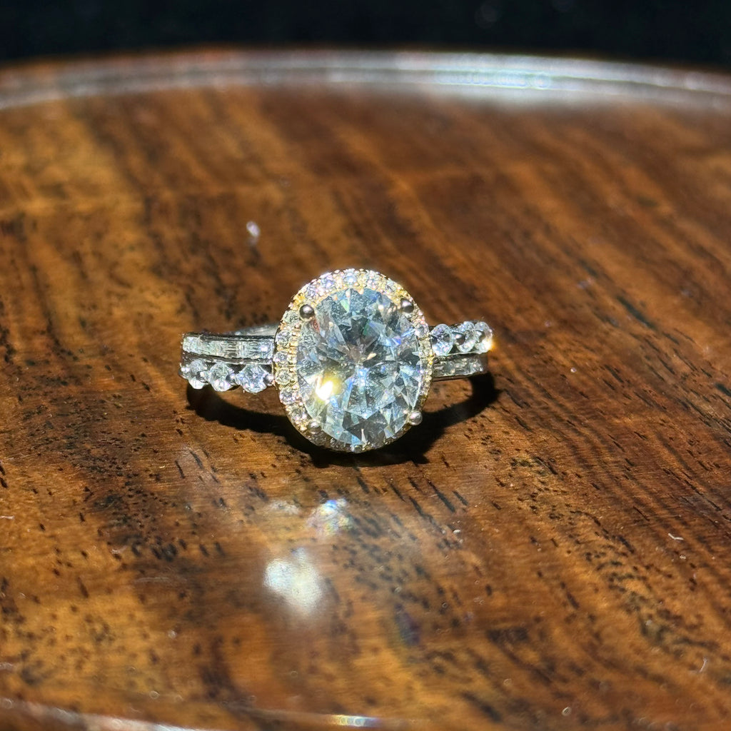 Oval‑Cut Halo Engagement S925 Ring, Side Stone Pave Band Simulated Diamond Promise Ring