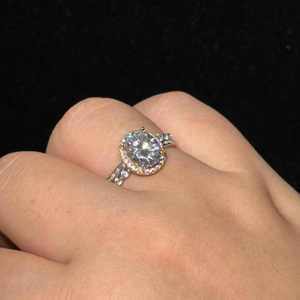 Oval‑Cut Halo Engagement S925 Ring, Side Stone Pave Band Simulated Diamond Promise Ring