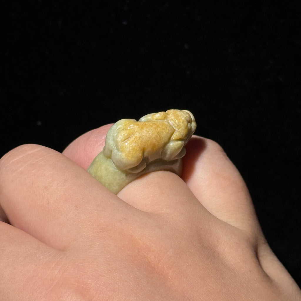 Natural Jadeite Carved Pixiu Ring, Hand‑Carved Pi‑Yao Solid Jade Band Ring