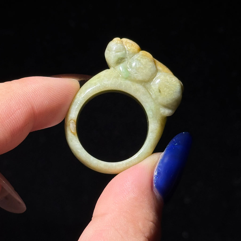 Natural Jadeite Carved Pixiu Ring, Hand‑Carved Pi‑Yao Solid Jade Band Ring