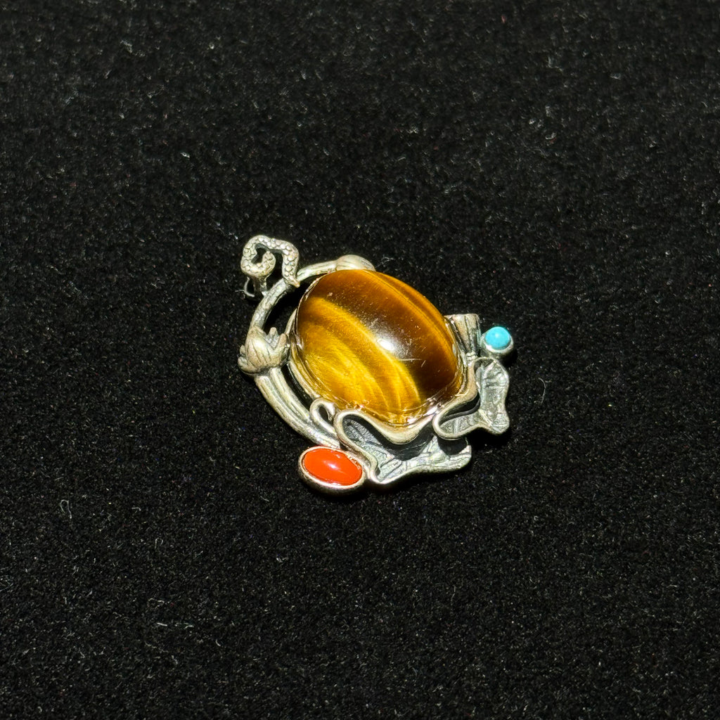Natural Tiger’s‑Eye Vintage Metal Pendant, Ethnic Style Inlaid Tiger Eye Charm