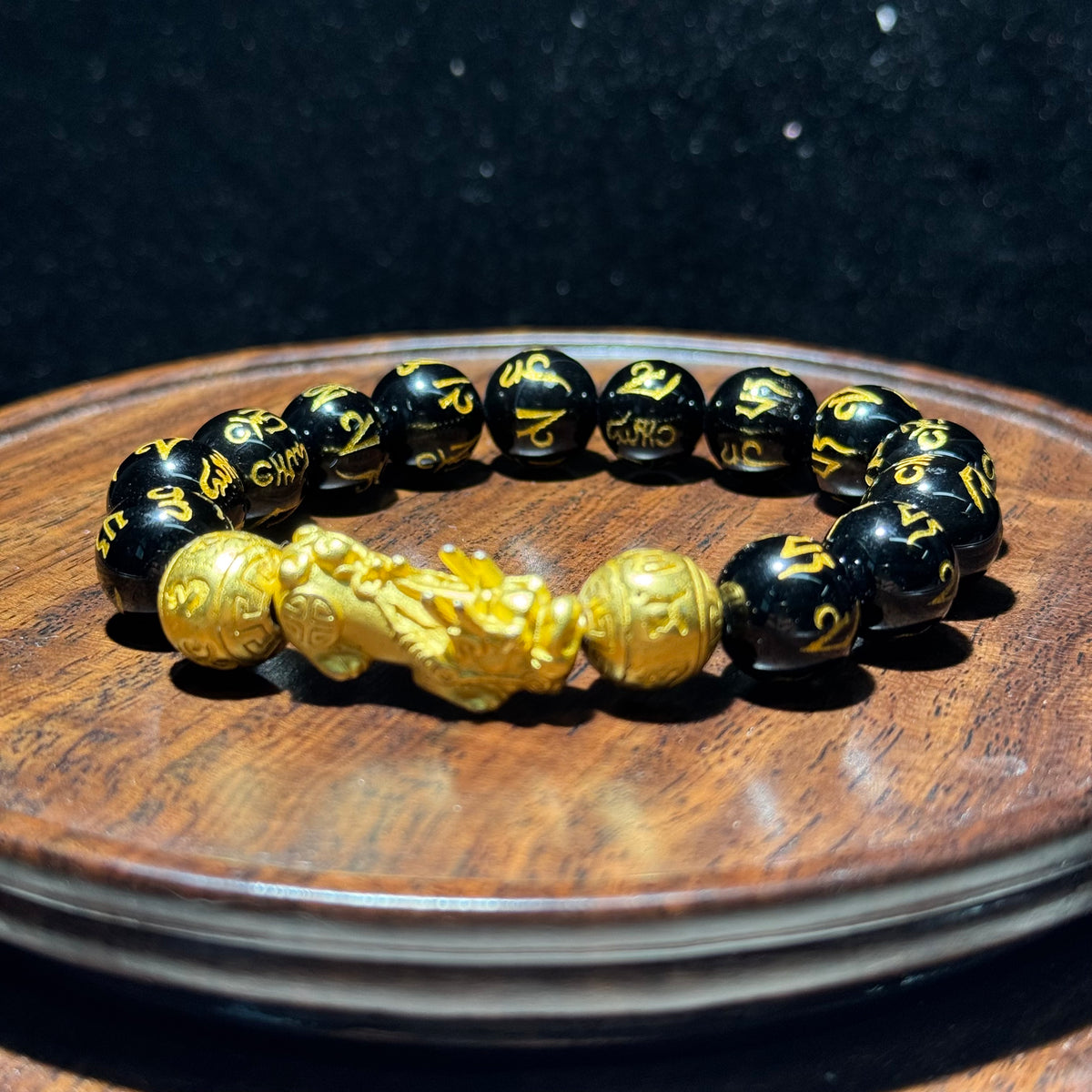 Natural Black Agate Stretch Bracelet, 12.2mm Round Bead Bracelet with Golden Pixiu Charm