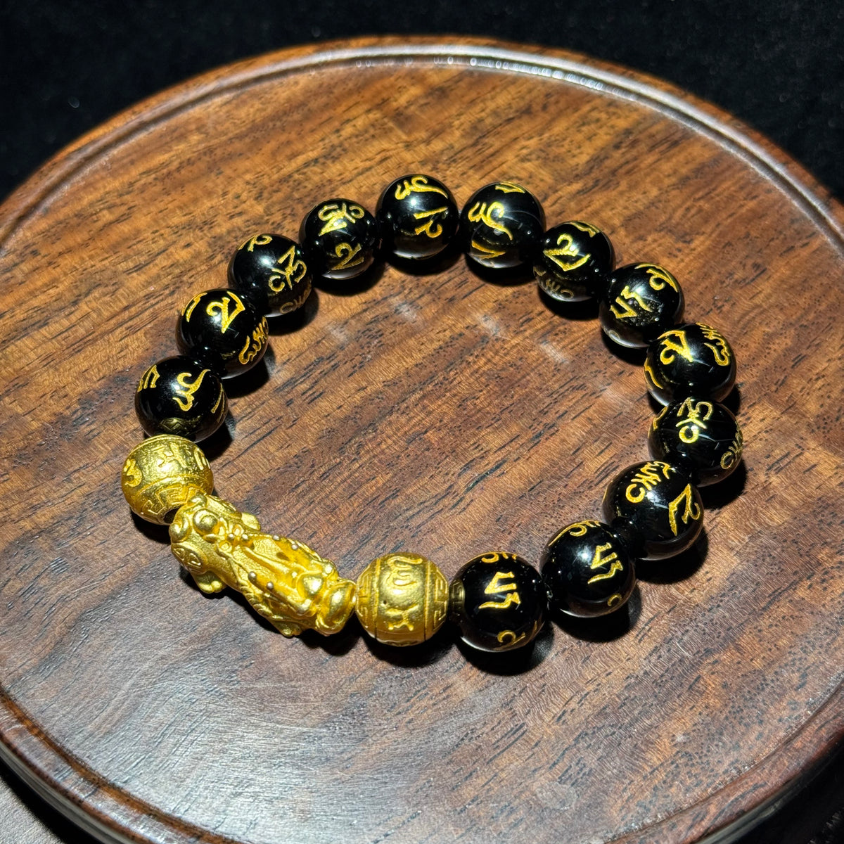 Natural Black Agate Stretch Bracelet, 12.2mm Round Bead Bracelet with Golden Pixiu Charm
