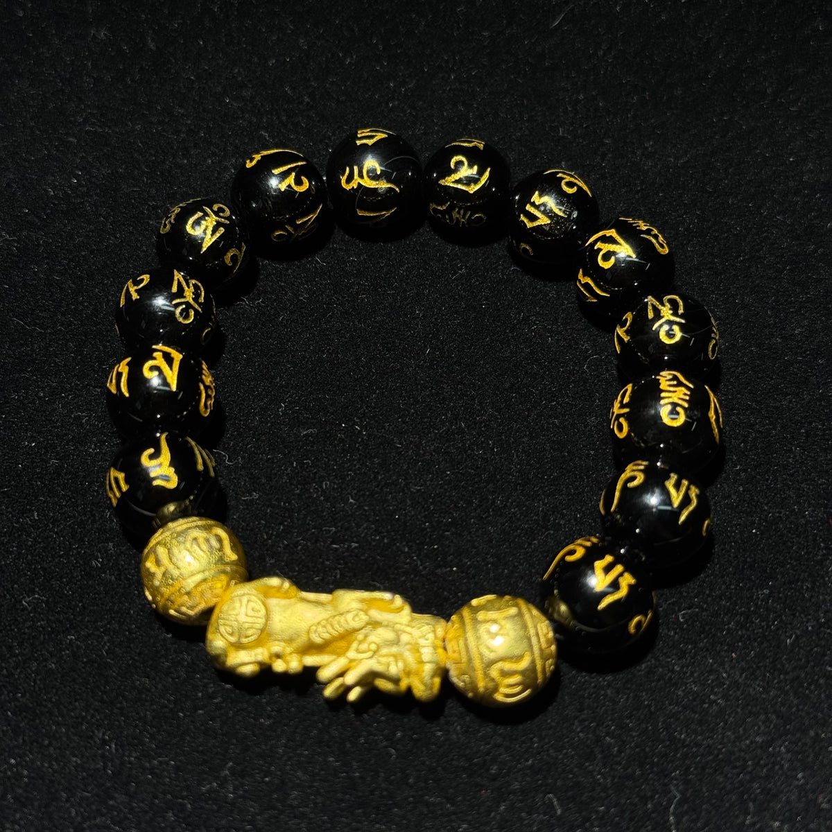 Natural Black Agate Stretch Bracelet, 12.2mm Round Bead Bracelet with Golden Pixiu Charm