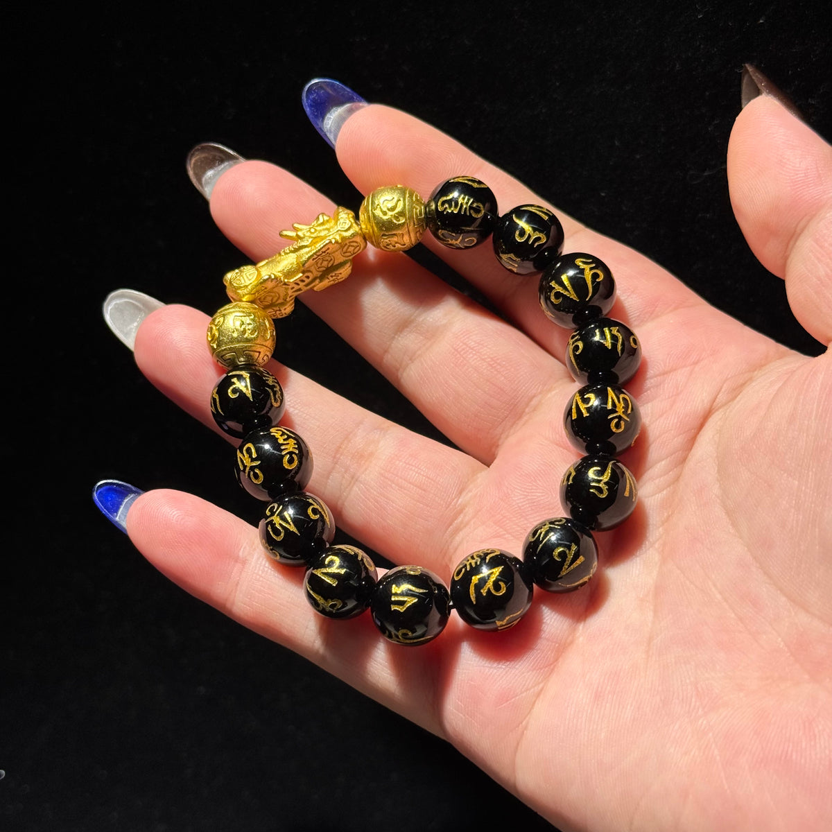 Natural Black Agate Stretch Bracelet, 12.2mm Round Bead Bracelet with Golden Pixiu Charm