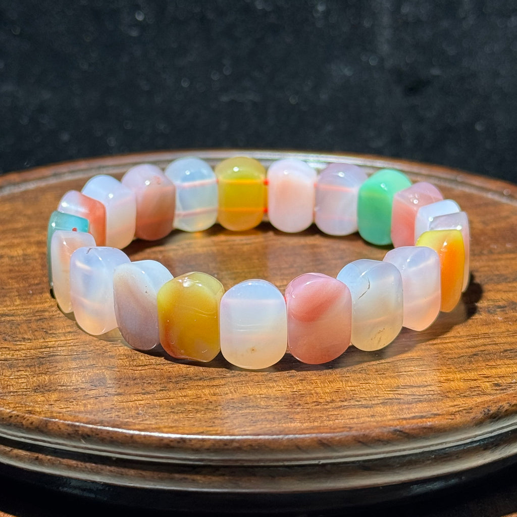Natural Multicolor Yanyuan Agate Flat Bead Stretch Bracelet