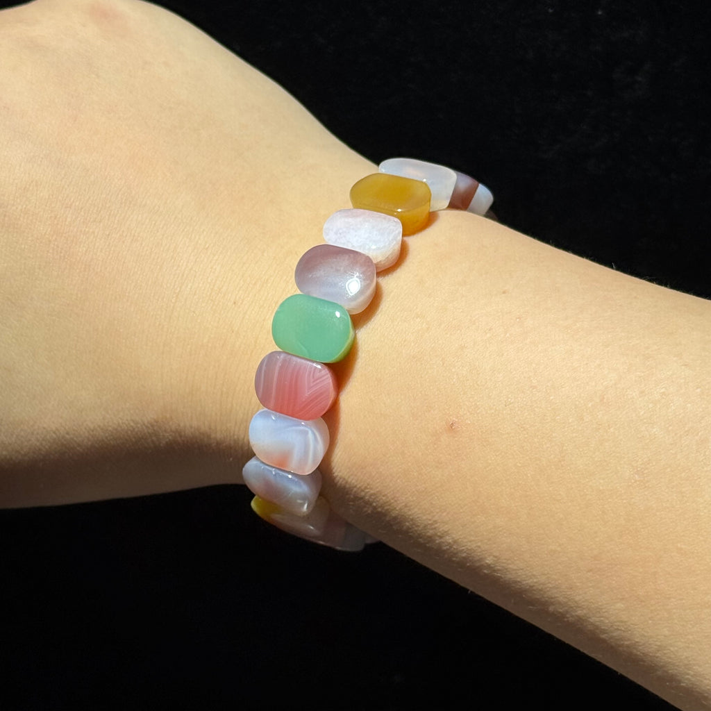 Natural Multicolor Yanyuan Agate Flat Bead Stretch Bracelet