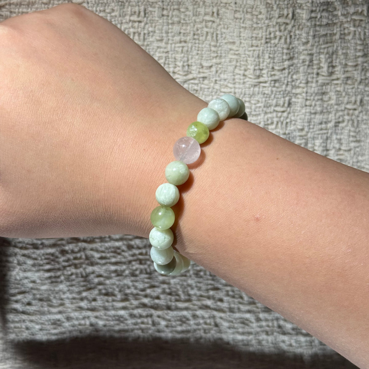 Natural Xiuyu Jade Stretch Bracelet, Rose Quartz Focal Top Bead Bracelet