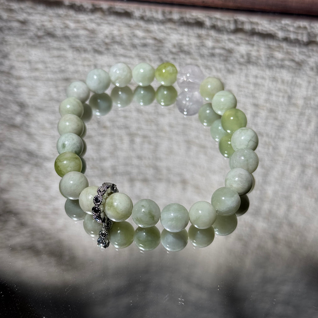 Natural Xiuyu Jade Stretch Bracelet, Rose Quartz Focal Top Bead Bracelet