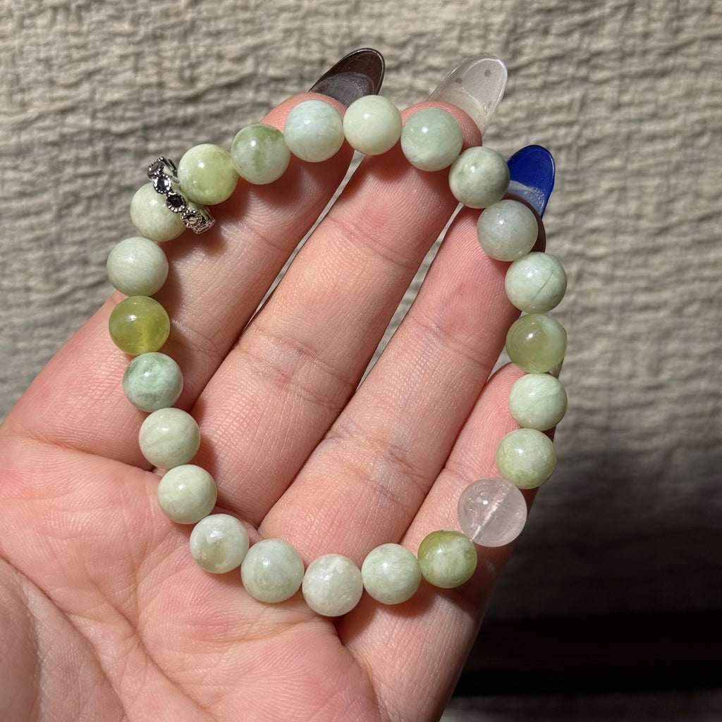 Natural Xiuyu Jade Stretch Bracelet, Rose Quartz Focal Top Bead Bracelet