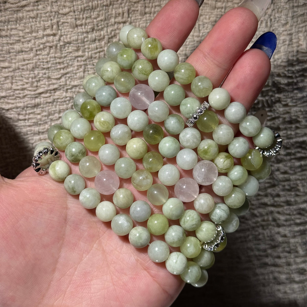 Natural Xiuyu Jade Stretch Bracelet, Rose Quartz Focal Top Bead Bracelet