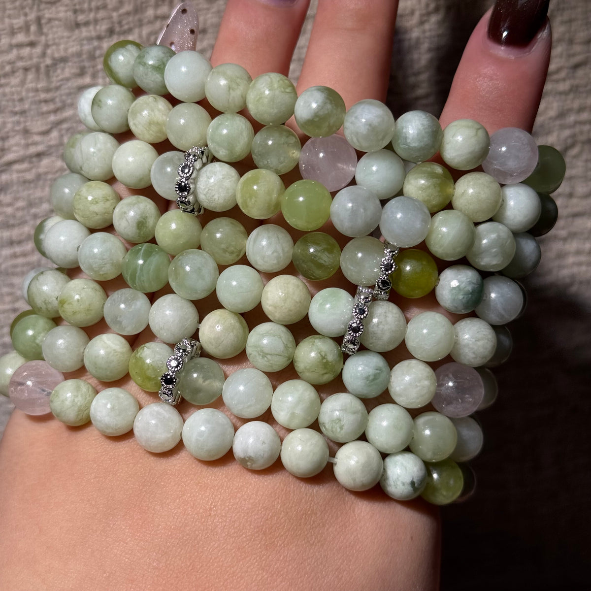 Natural Xiuyu Jade Stretch Bracelet, Rose Quartz Focal Top Bead Bracelet
