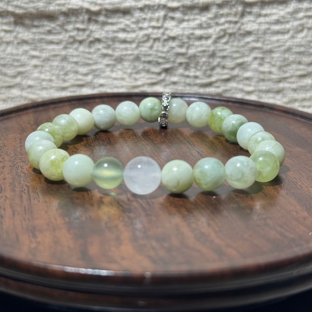 Natural Xiuyu Jade Stretch Bracelet, Rose Quartz Focal Top Bead Bracelet