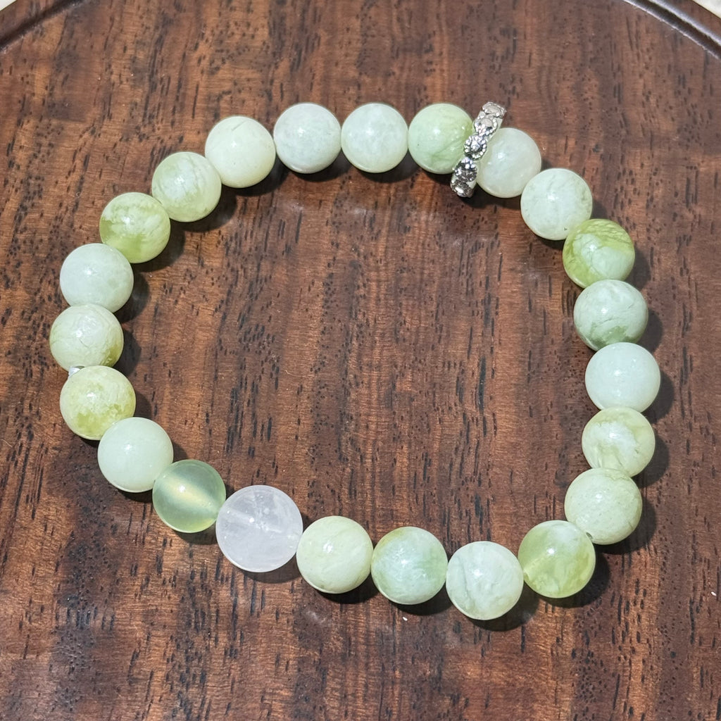 Natural Xiuyu Jade Stretch Bracelet, Rose Quartz Focal Top Bead Bracelet