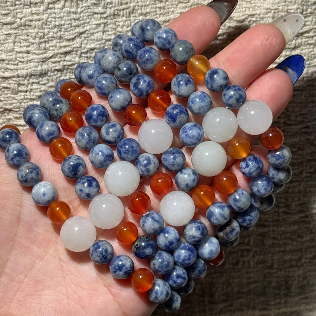 Natural Sodalite & Carnelian Mix Stretch Bracelet, White Jade Focal Top Bead Bracelet