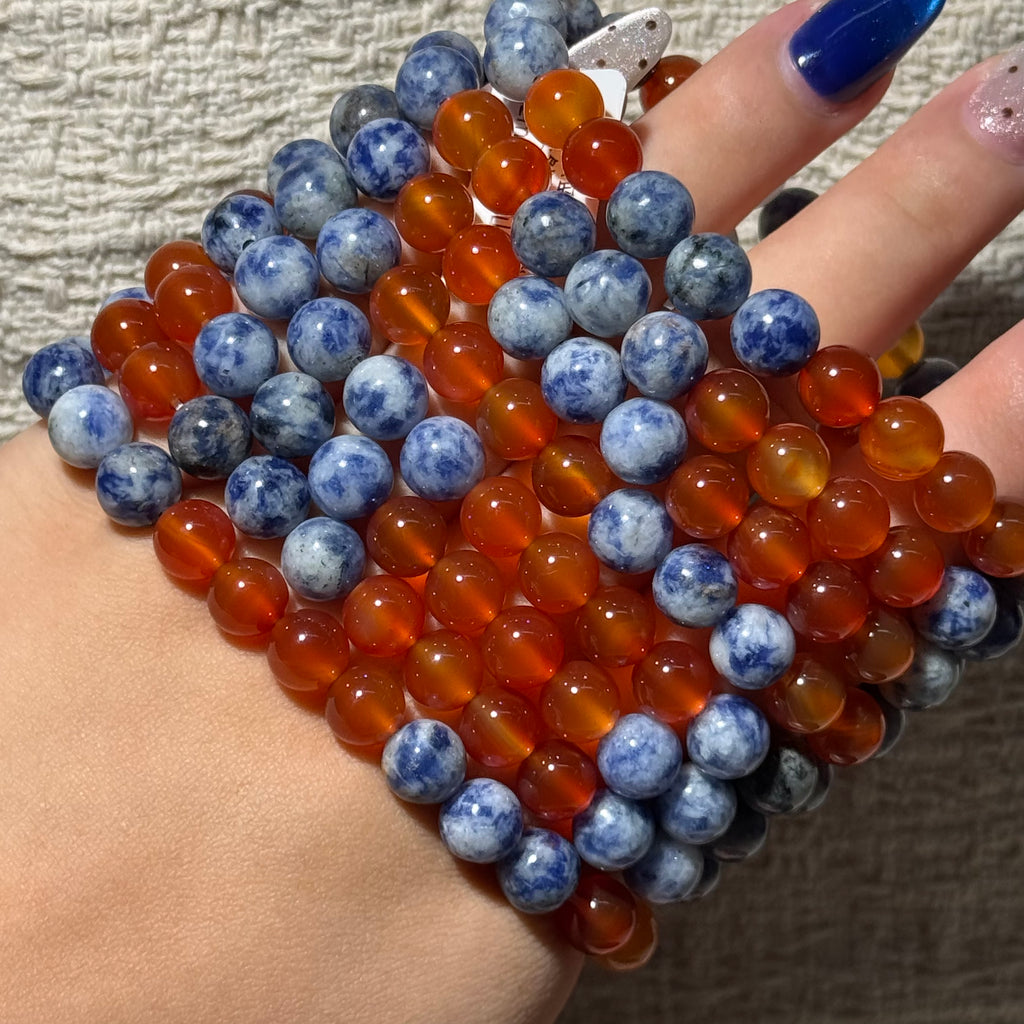 Natural Sodalite & Carnelian Mix Stretch Bracelet, White Jade Focal Top Bead Bracelet