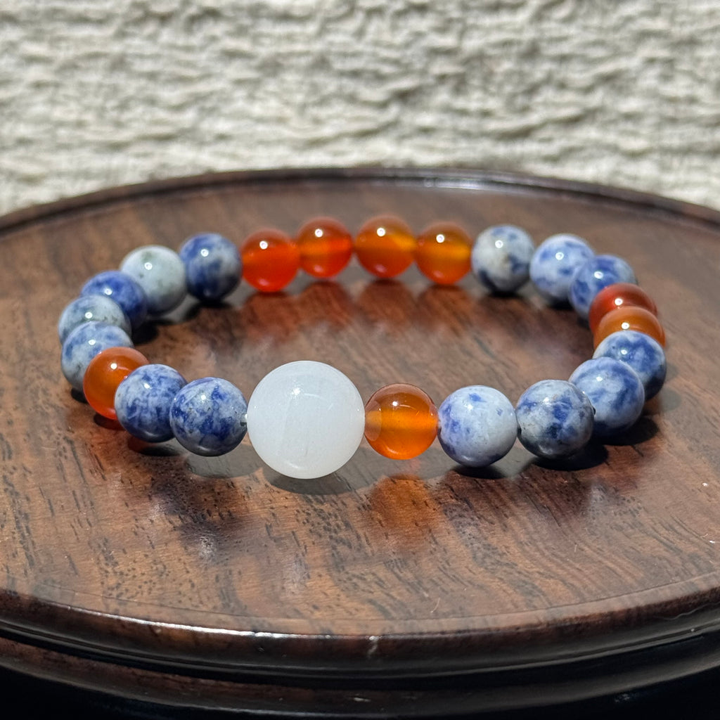 Natural Sodalite & Carnelian Mix Stretch Bracelet, White Jade Focal Top Bead Bracelet