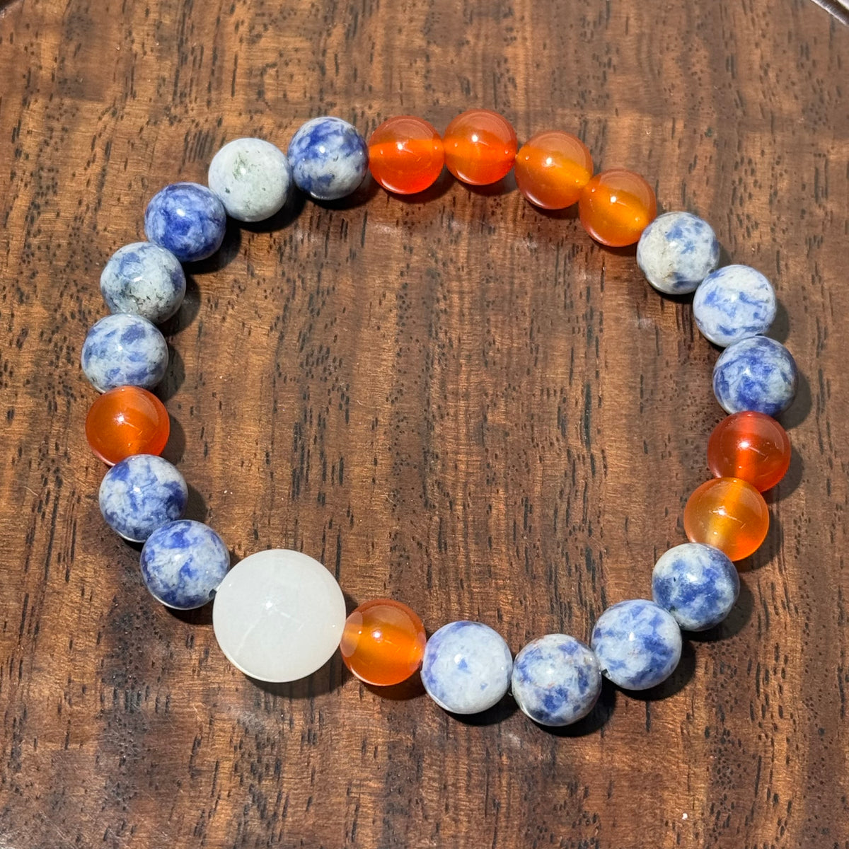 Natural Sodalite & Carnelian Mix Stretch Bracelet, White Jade Focal Top Bead Bracelet