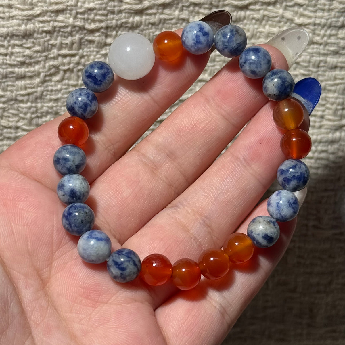 Natural Sodalite & Carnelian Mix Stretch Bracelet, White Jade Focal Top Bead Bracelet