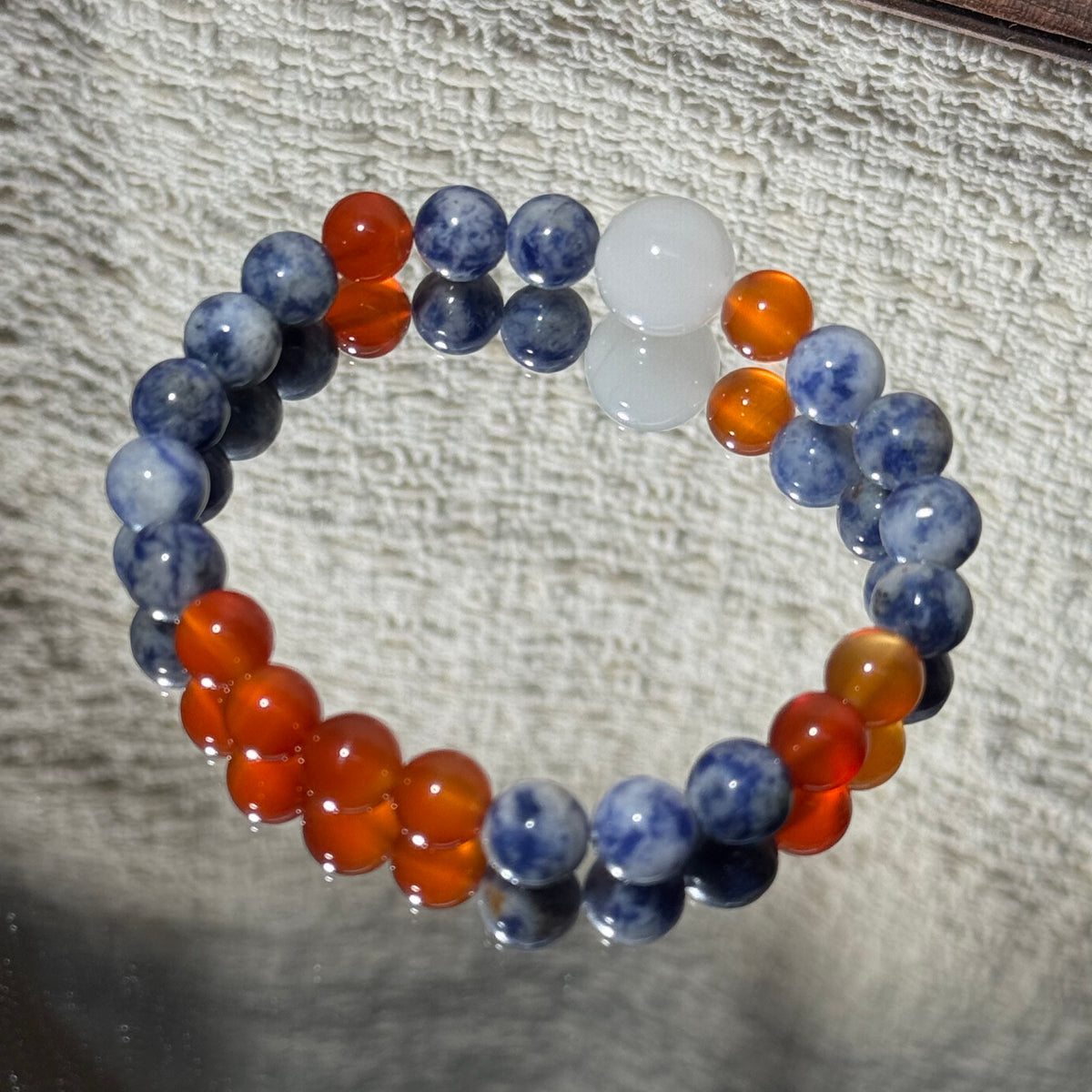 Natural Sodalite & Carnelian Mix Stretch Bracelet, White Jade Focal Top Bead Bracelet