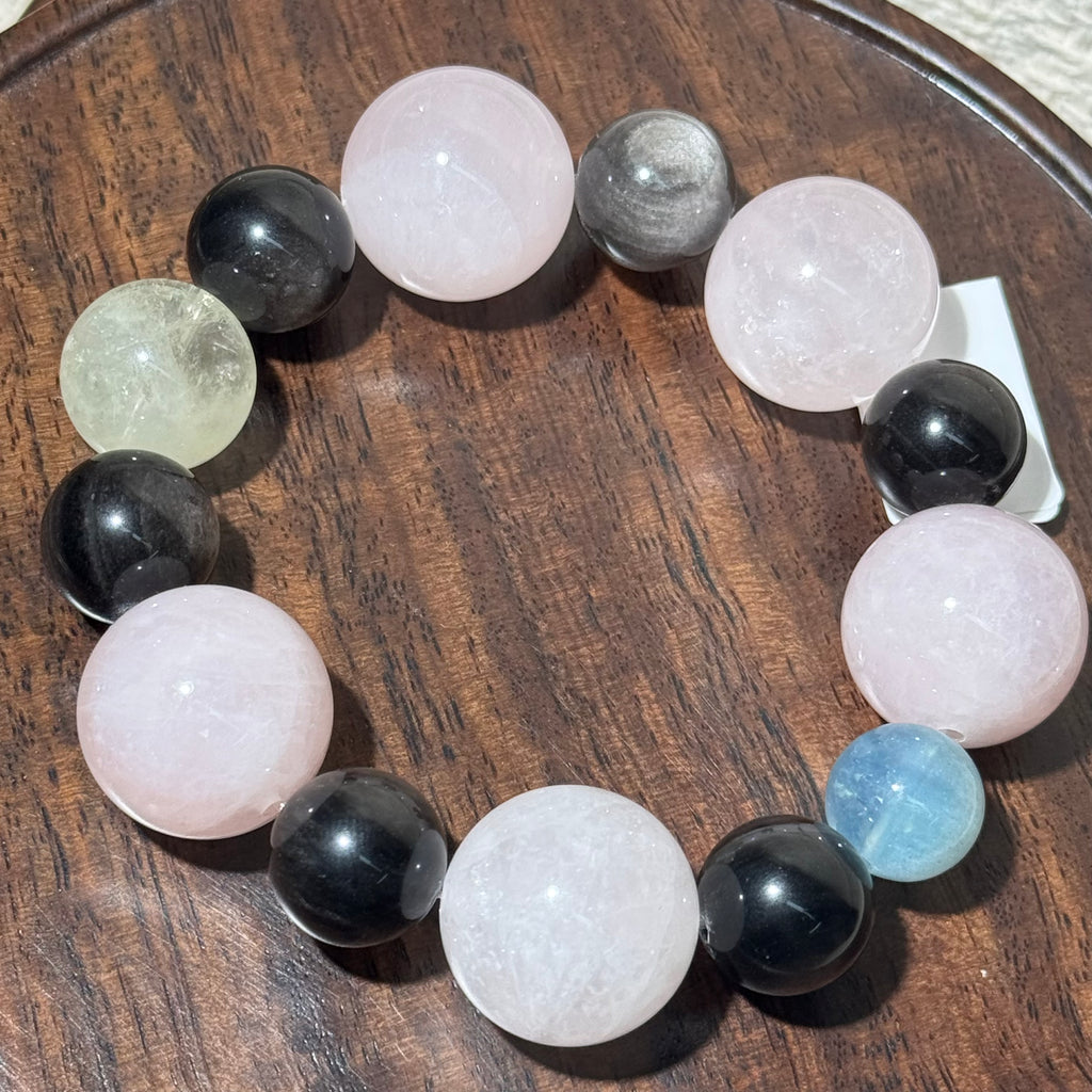 Natural Rose Quartz Mix Stretch Bracelet, Aquamarine‑Silver Obsidian‑Citrine Multi‑Gemstone Bracelet
