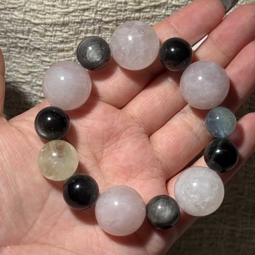 Natural Rose Quartz Mix Stretch Bracelet, Aquamarine‑Silver Obsidian‑Citrine Multi‑Gemstone Bracelet