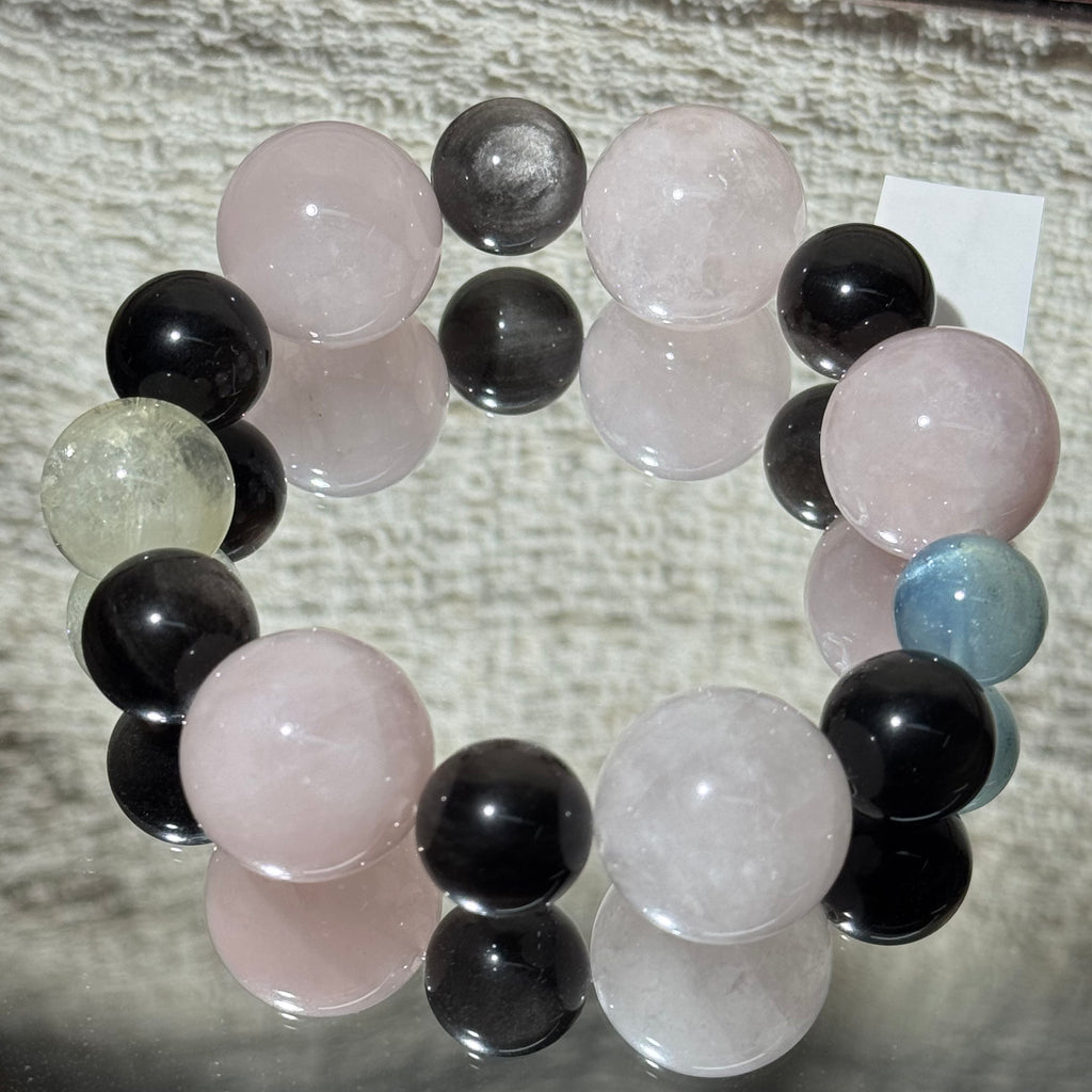 Natural Rose Quartz Mix Stretch Bracelet, Aquamarine‑Silver Obsidian‑Citrine Multi‑Gemstone Bracelet