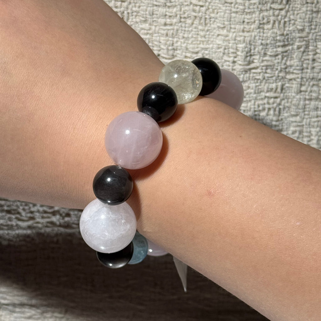 Natural Rose Quartz Mix Stretch Bracelet, Aquamarine‑Silver Obsidian‑Citrine Multi‑Gemstone Bracelet
