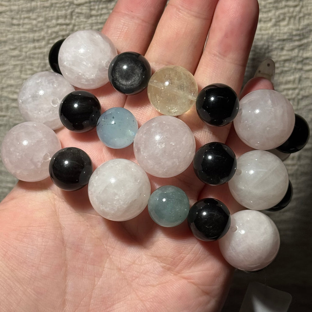 Natural Rose Quartz Mix Stretch Bracelet, Aquamarine‑Silver Obsidian‑Citrine Multi‑Gemstone Bracelet