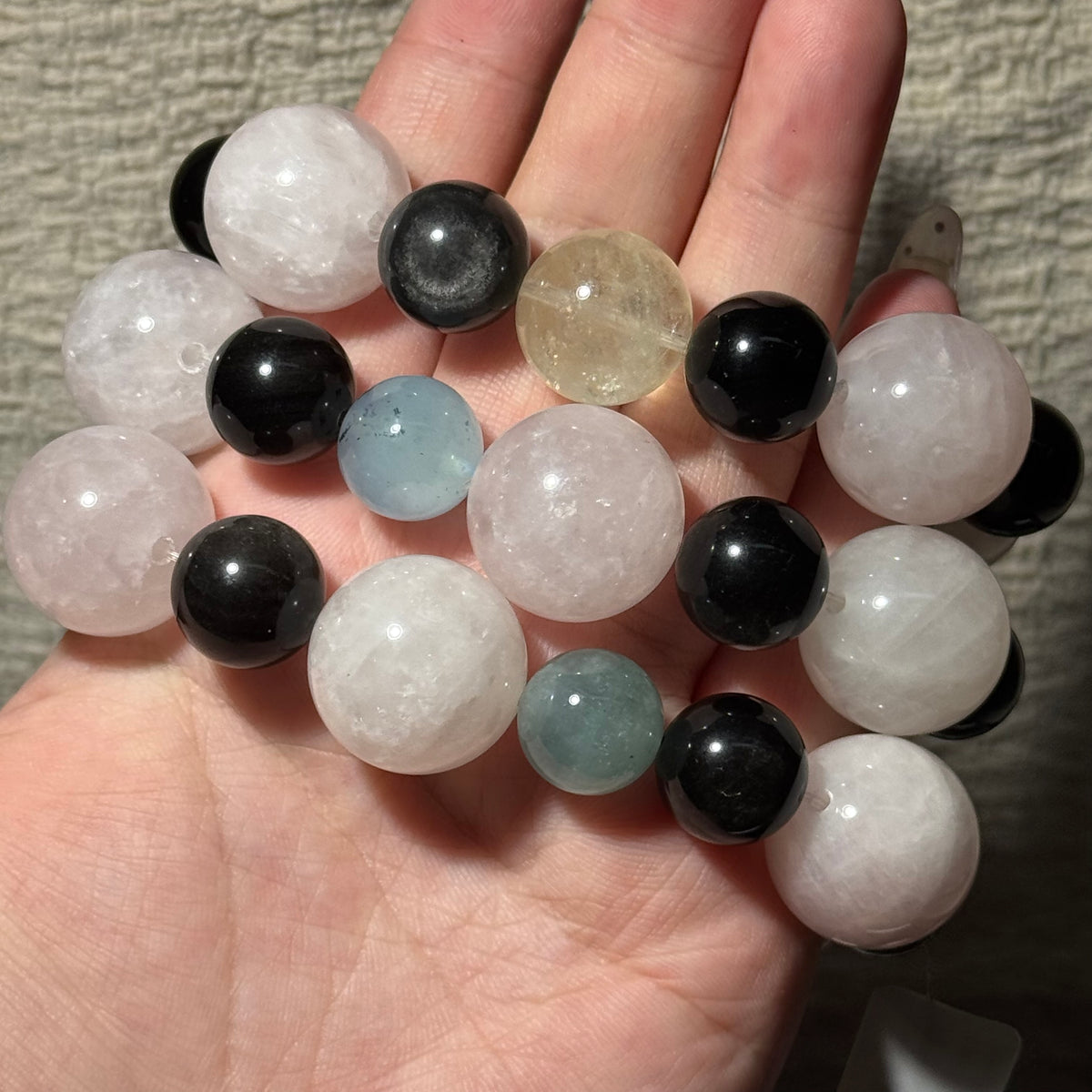 Natural Rose Quartz Mix Stretch Bracelet, Aquamarine‑Silver Obsidian‑Citrine Multi‑Gemstone Bracelet