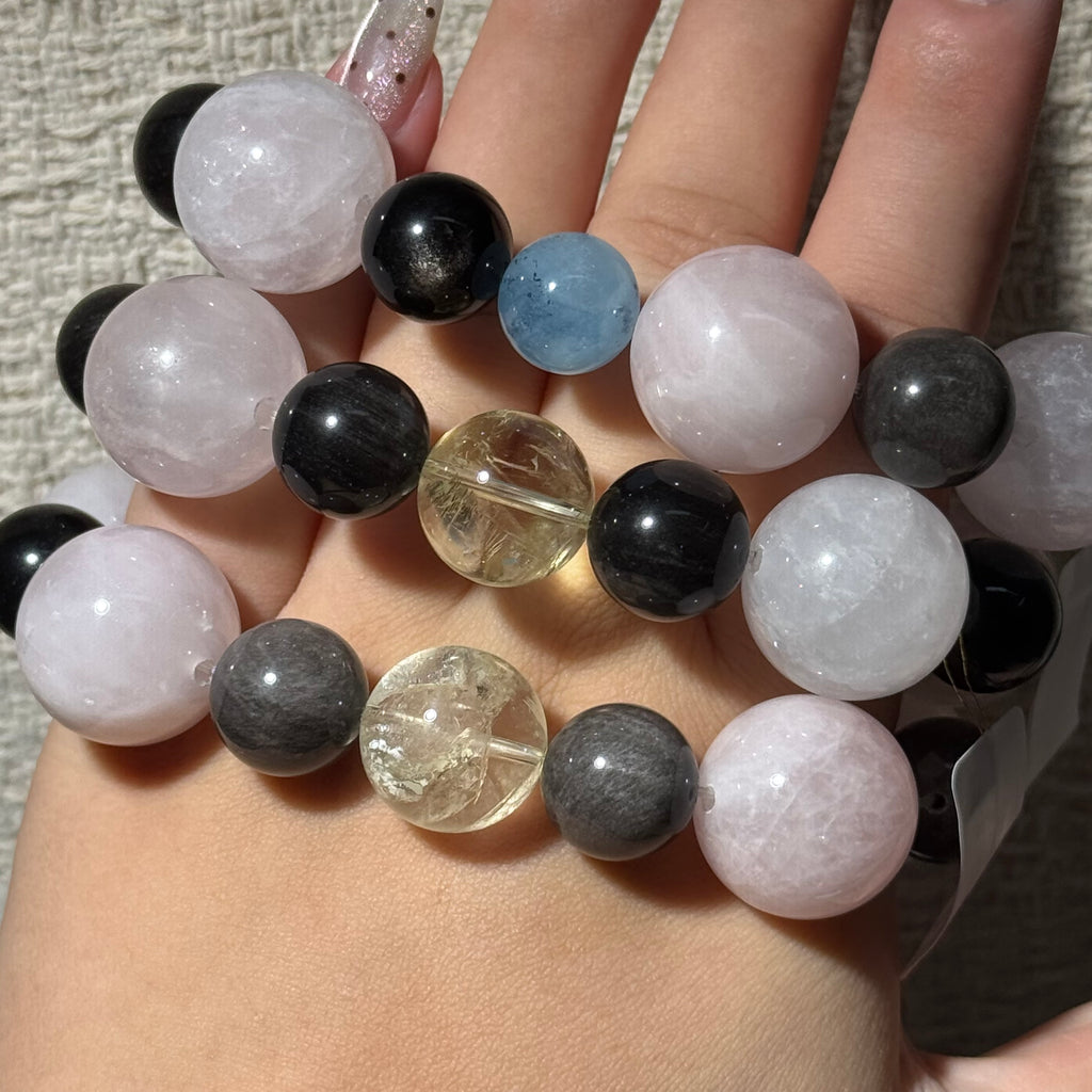 Natural Rose Quartz Mix Stretch Bracelet, Aquamarine‑Silver Obsidian‑Citrine Multi‑Gemstone Bracelet