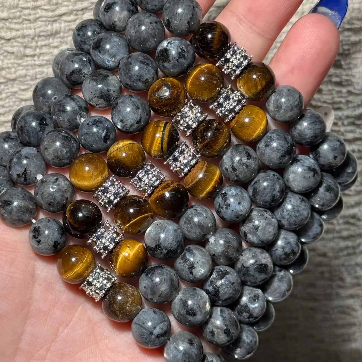 Natural Larvikite & Tiger’s Eye Mix Stretch Bracelet, Silver‑Tone Metal Accent Bead Bracelet