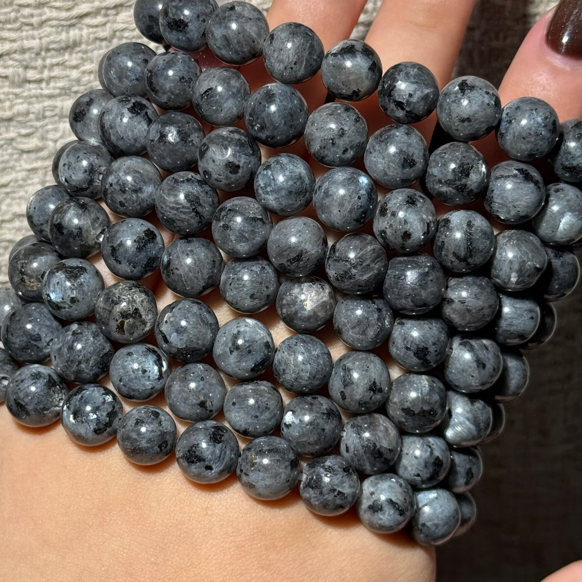 Natural Larvikite & Tiger’s Eye Mix Stretch Bracelet, Silver‑Tone Metal Accent Bead Bracelet