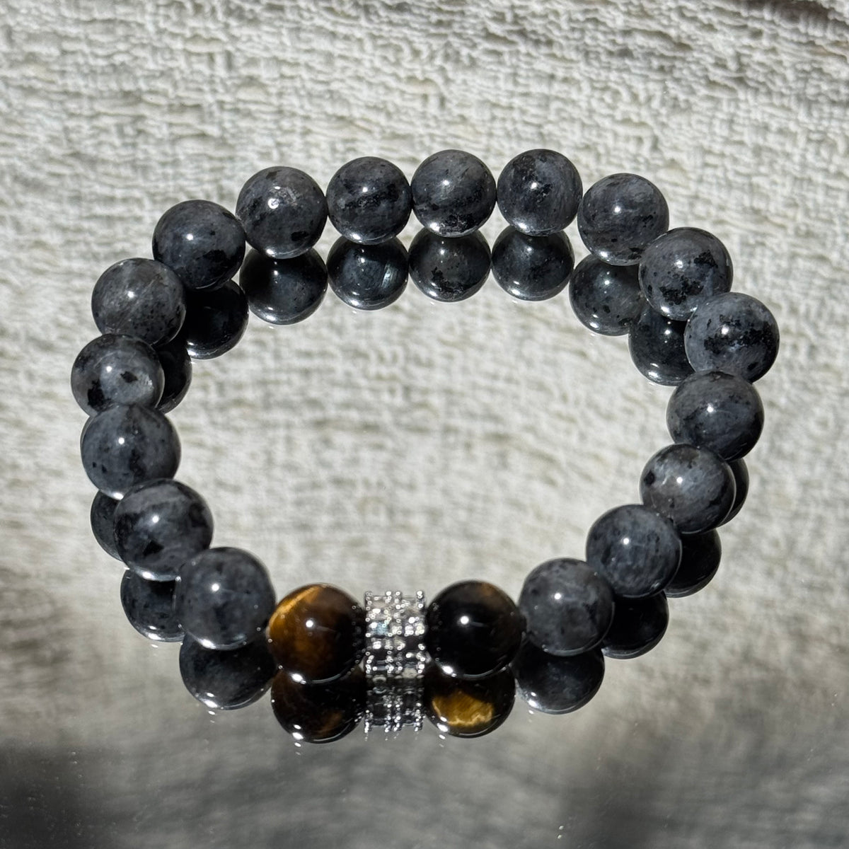 Natural Larvikite & Tiger’s Eye Mix Stretch Bracelet, Silver‑Tone Metal Accent Bead Bracelet