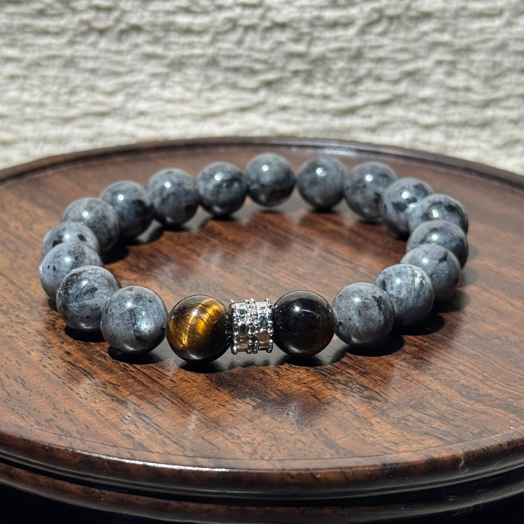 Natural Larvikite & Tiger’s Eye Mix Stretch Bracelet, Silver‑Tone Metal Accent Bead Bracelet