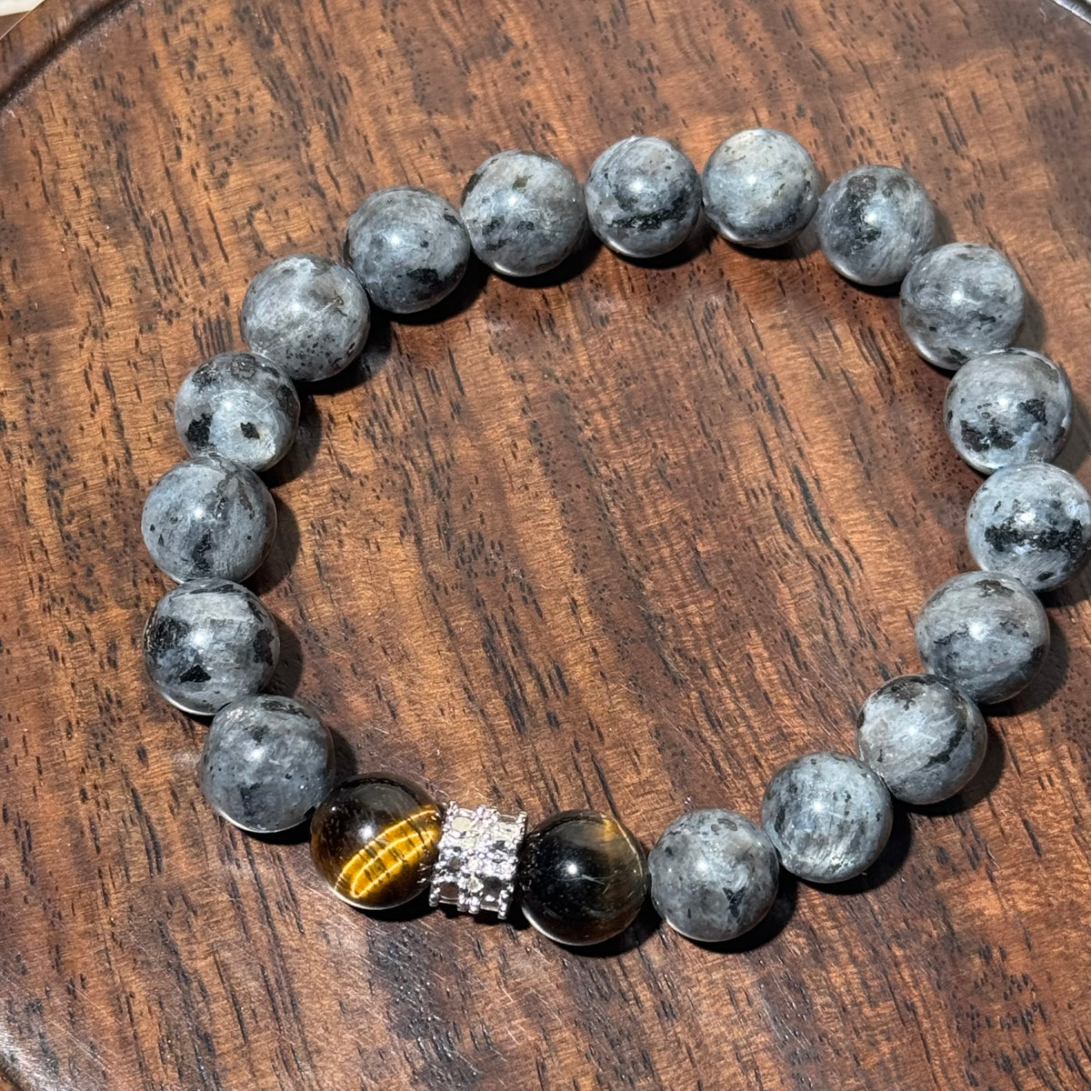 Natural Larvikite & Tiger’s Eye Mix Stretch Bracelet, Silver‑Tone Metal Accent Bead Bracelet