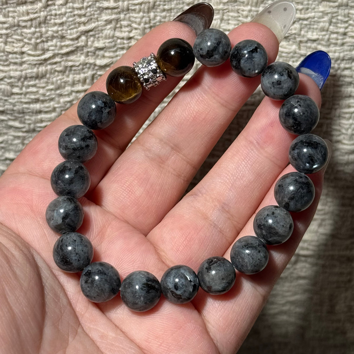 Natural Larvikite & Tiger’s Eye Mix Stretch Bracelet, Silver‑Tone Metal Accent Bead Bracelet