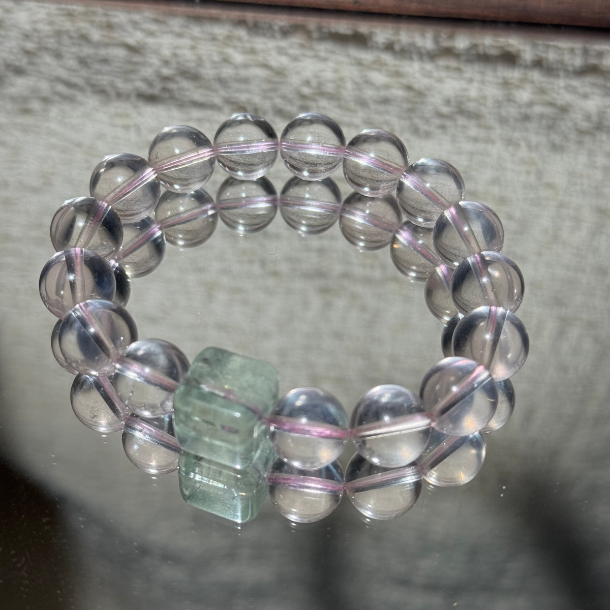 Natural Rose Quartz Stretch Bracelet, Fluorite Square Accent Bead Pink Crystal Bracelet
