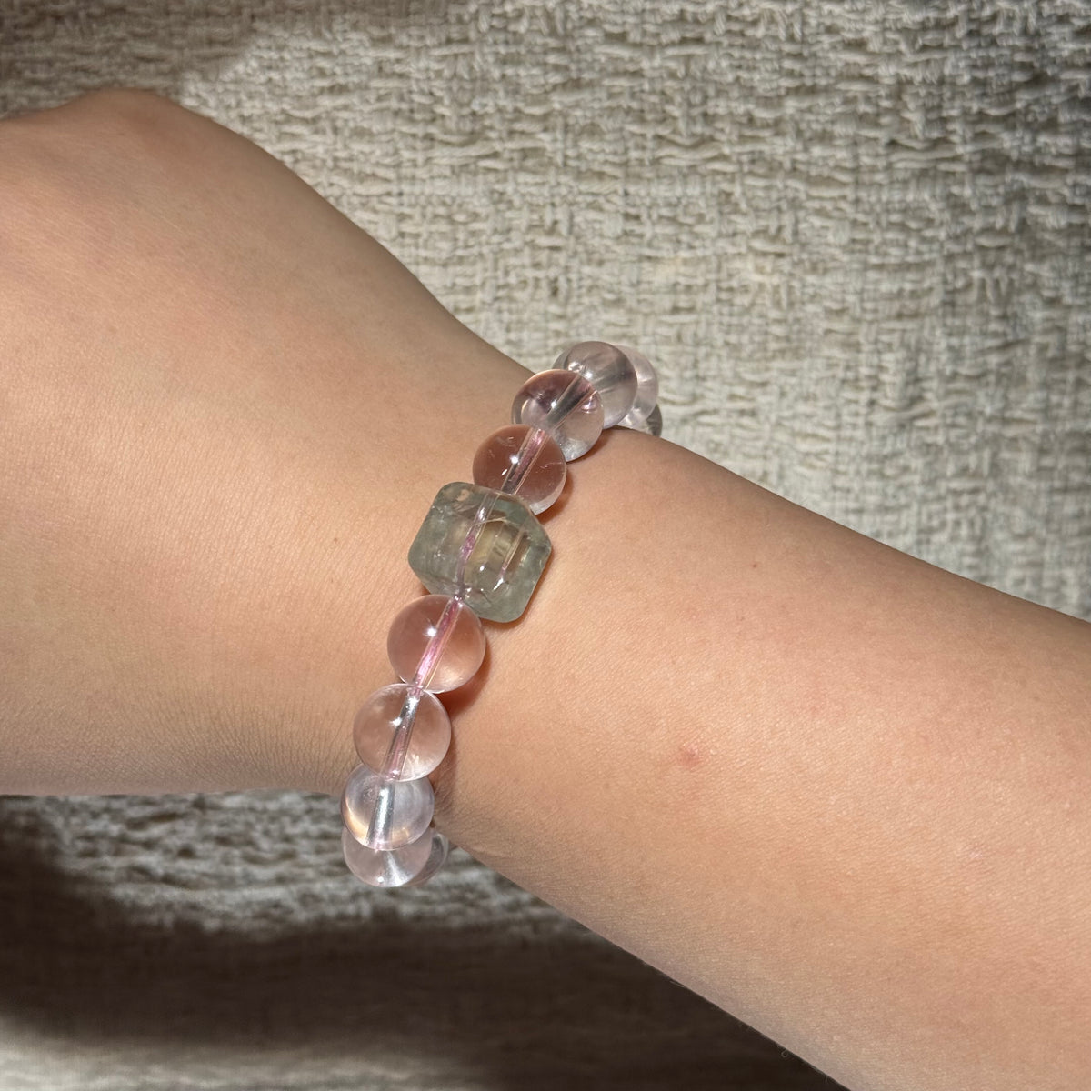 Natural Rose Quartz Stretch Bracelet, Fluorite Square Accent Bead Pink Crystal Bracelet