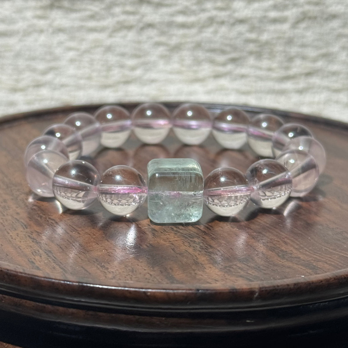 Natural Rose Quartz Stretch Bracelet, Fluorite Square Accent Bead Pink Crystal Bracelet
