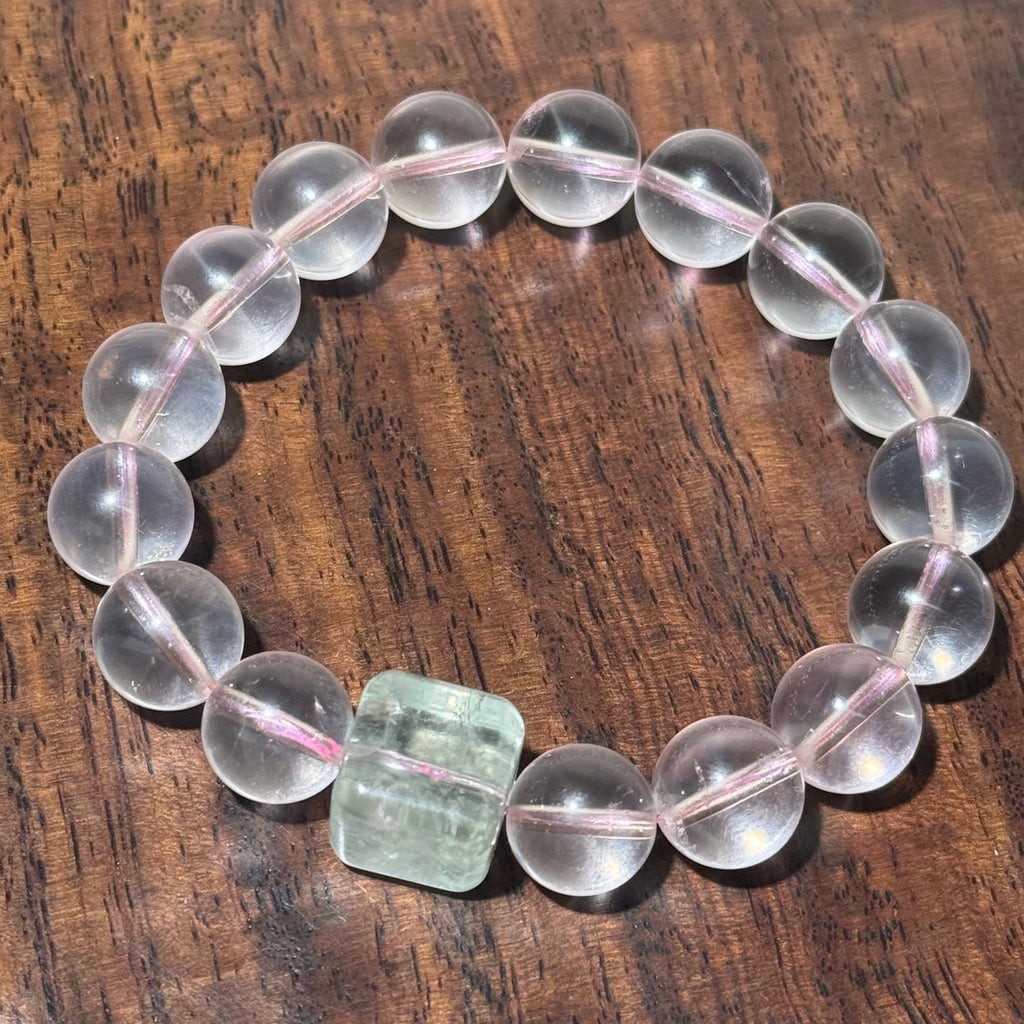 Natural Rose Quartz Stretch Bracelet, Fluorite Square Accent Bead Pink Crystal Bracelet