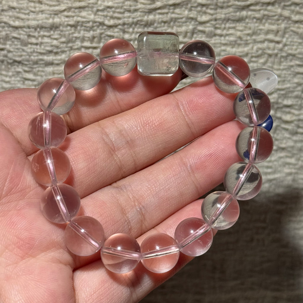 Natural Rose Quartz Stretch Bracelet, Fluorite Square Accent Bead Pink Crystal Bracelet