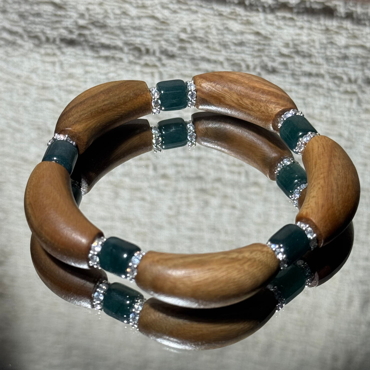 Natural Green Sandalwood & Jadeite Curved Bead Stretch Bracelet
