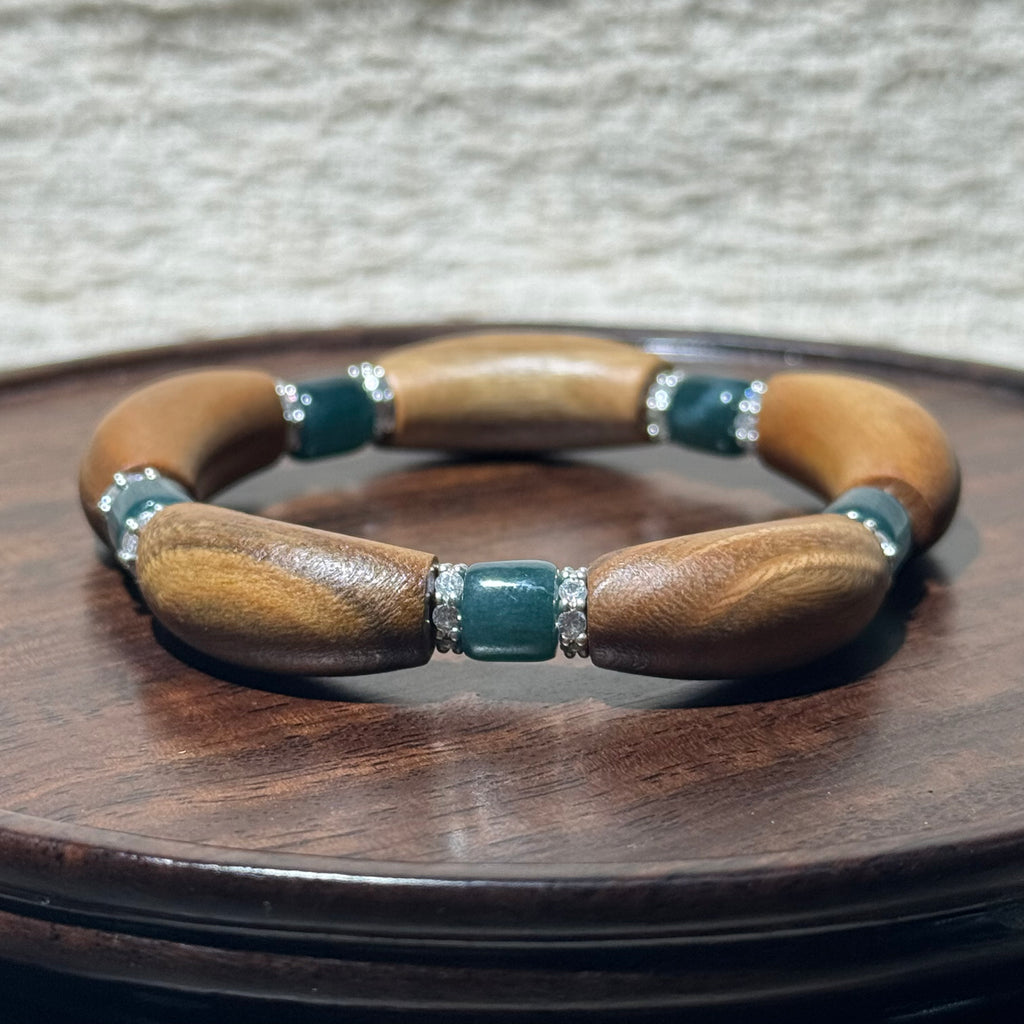 Natural Green Sandalwood & Jadeite Curved Bead Stretch Bracelet